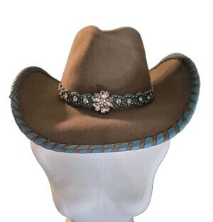 Bullhide Shapeable Wool Felt Cowgirl Hat Size L Western Flower Crystal Band Blue